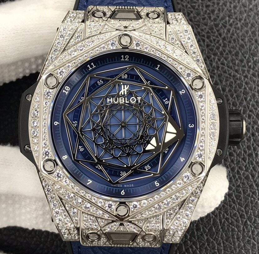 WWF Factory Hublot Big Bang Replica Watches Full Diamond Blue Dial