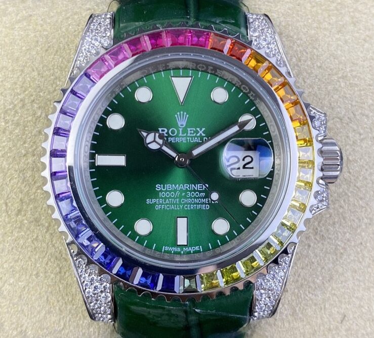 IPK Custom Rolex Submariner Rainbow Diamond Bezel Green Dial