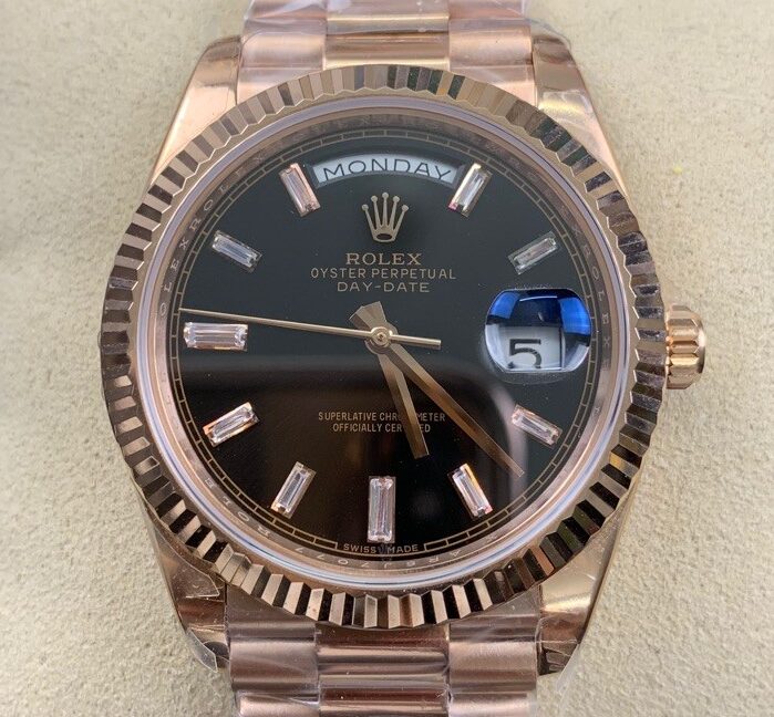 EW Factory Fake Rolex Day Date M228235 Black Dial Rose Gold Watch