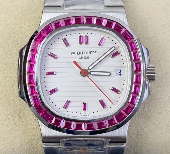 PPF Custom Patek Philippe Nautilus 5711 Red Diamond White Dial Watch