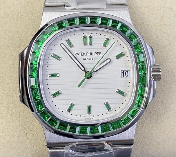 PPF Custom Patek Philippe Nautilus 5711 Emerald Diamond White Dial Watch