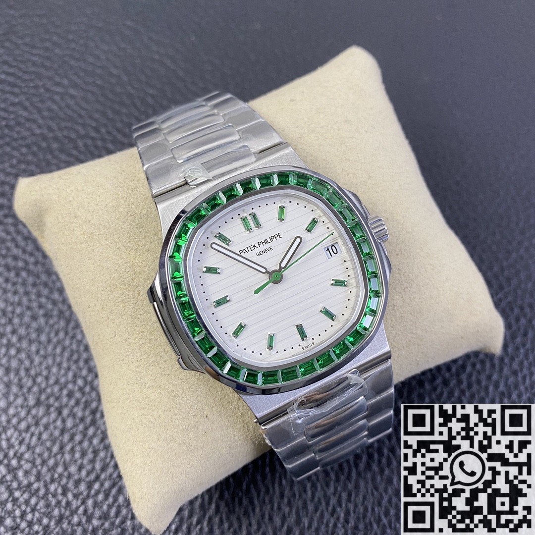PPF Custom Patek Philippe Nautilus 5711 Emerald Diamond White Dial Watch