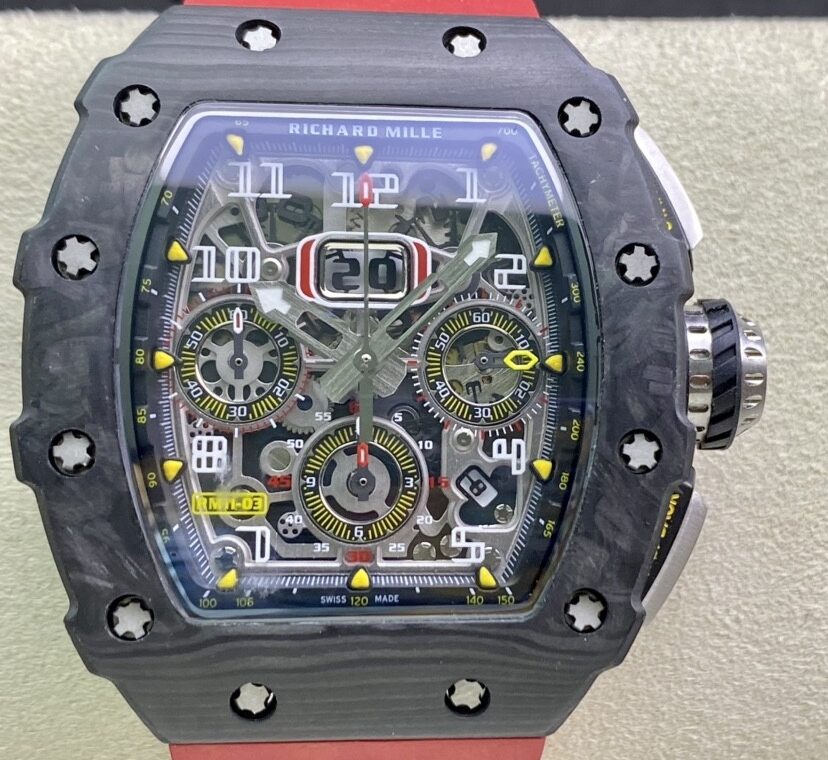 KV Factory Replica Richard Mille RM011-03 Carbon Fiber Case With Red Rubber Strap