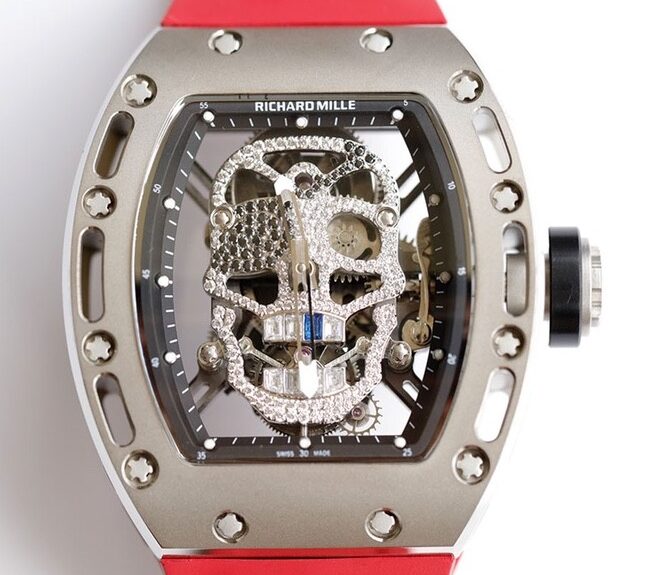 EUR Factory Replica Richard Mille RM052 Diamond Skull Red Rubber Strap Watch