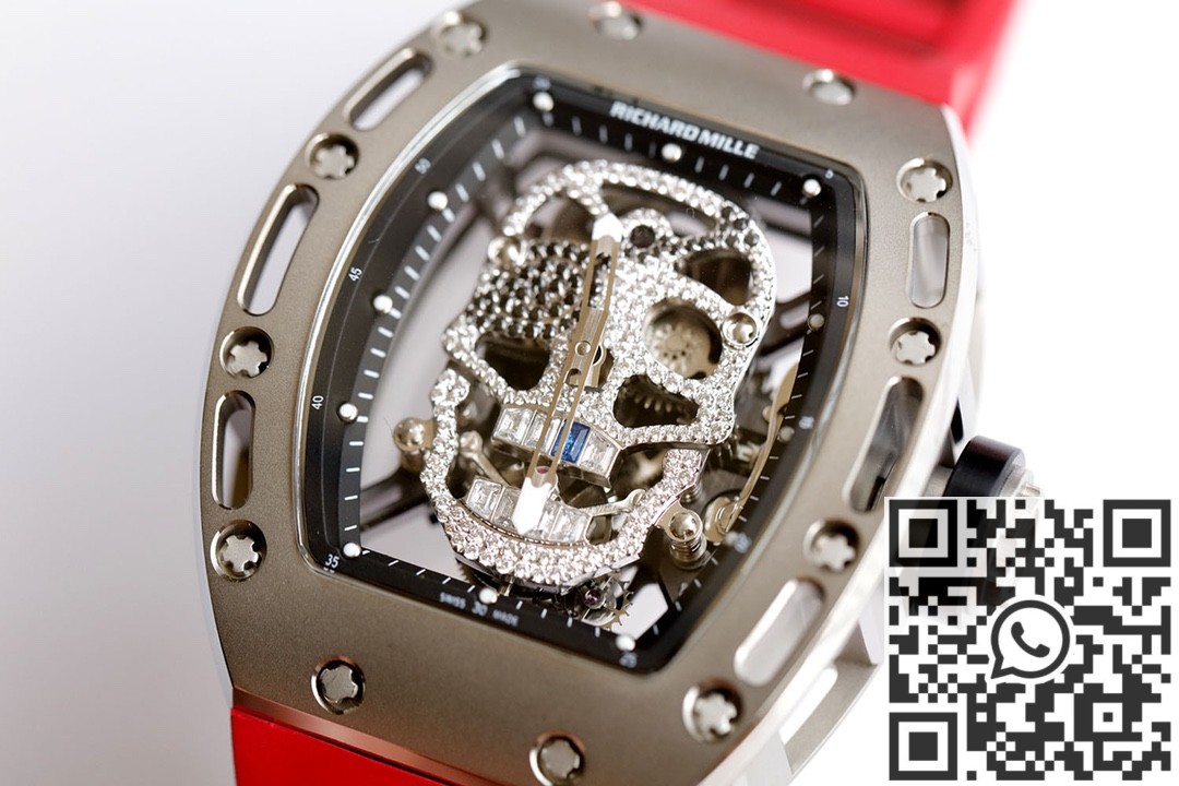 EUR Factory Replica Richard Mille RM052 Diamond Skull Red Rubber Strap Watch