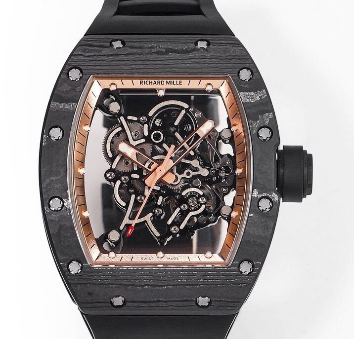 RM Factory Fake Richard Mille RM055: The Exquisite Gold Bezel Carbon Fiber Case